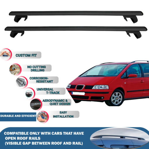 Roof Rack Cross Bars Compatible with Seat Alhambra 2000-2010, Fits Raised Roof Rails with Gap to Car Roof, Ideal Rail Carrier for Roof Tents, 2-Piece Black