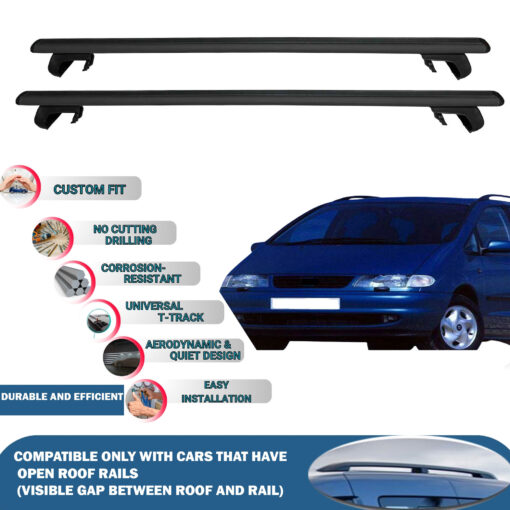 Roof Rack Cross Bars Compatible with Seat Alhambra 1996-2000, Fits Raised Roof Rails with Gap to Car Roof, Ideal Rail Carrier for Roof Tents, 2-Piece Black