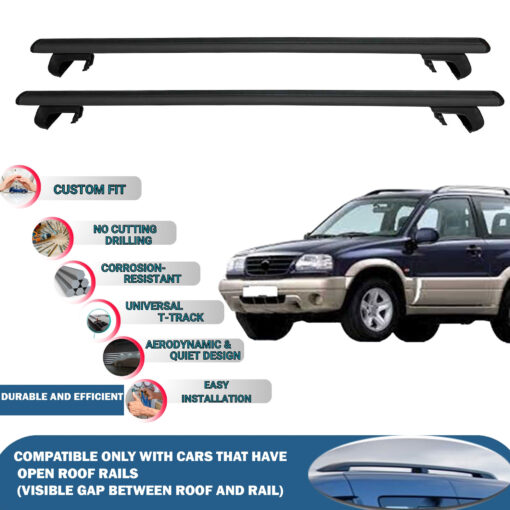 Roof Rack Cross Bars Compatible with Suzuki Grand Vitara 3D 1999-2005, Fits Raised Roof Rails with Gap to Car Roof, Ideal Rail Carrier for Roof Tents, 2-Piece Black