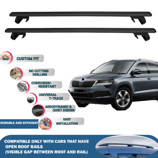 Roof Rack Cross Bars Compatible with Skoda Karoq 2017-2023, Fits Raised Roof Rails with Gap to Car Roof, Ideal Rail Carrier for Roof Tents, 2-Piece Black