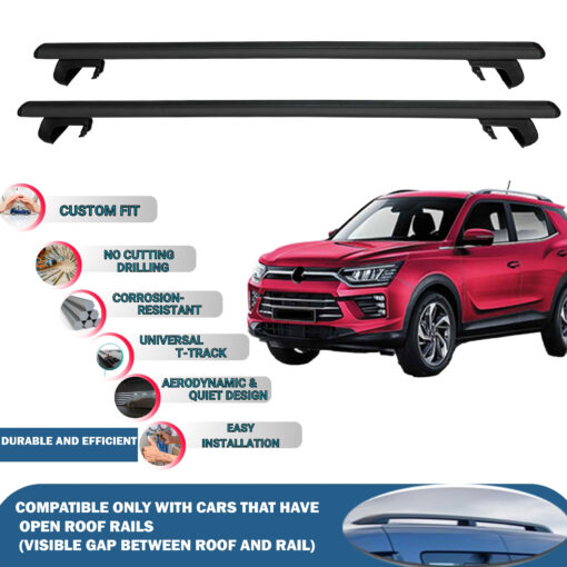 Roof Rack Cross Bars Compatible with Ssangyong Korando 2019-2023, Fits Raised Roof Rails with Gap to Car Roof, Ideal Rail Carrier for Roof Tents, 2-Piece Black