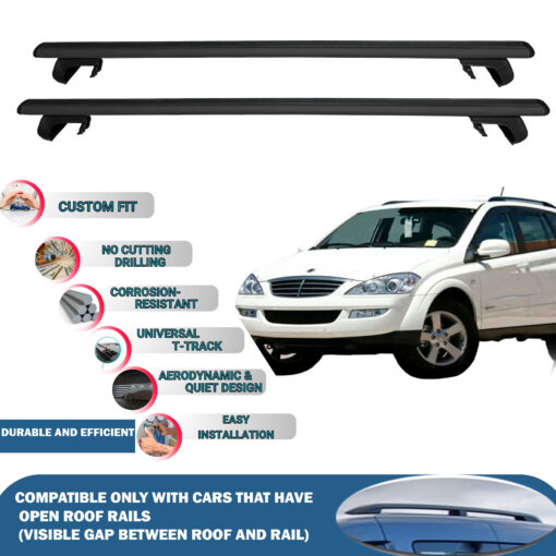 Roof Rack Cross Bars Compatible with Ssangyong Kyron 2008-2011, Fits Raised Roof Rails with Gap to Car Roof, Ideal Rail Carrier for Roof Tents, 2-Piece Black