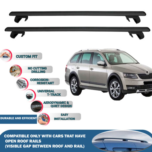 Roof Rack Cross Bars Compatible with Skoda Octavia Scout 2014-2019, Fits Raised Roof Rails with Gap to Car Roof, Ideal Rail Carrier for Roof Tents, 2-Piece Black