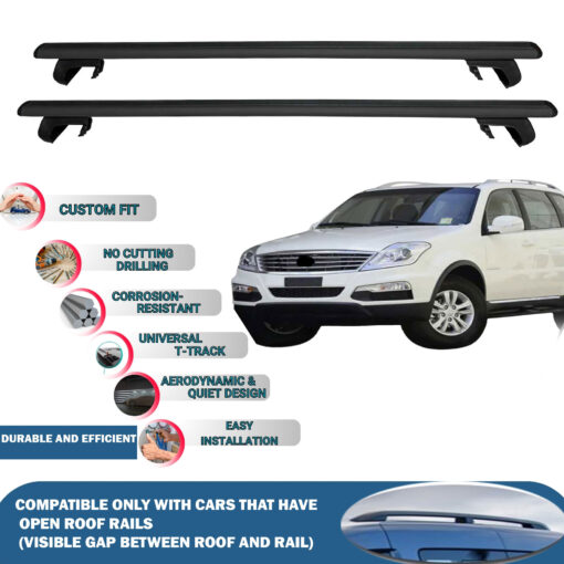 Roof Rack Cross Bars Compatible with Ssangyong Rexton 2012-2017, Fits Raised Roof Rails with Gap to Car Roof, Ideal Rail Carrier for Roof Tents, 2-Piece Black