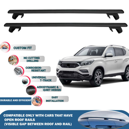 Roof Rack Cross Bars Compatible with Ssangyong Rexton 2017-2023, Fits Raised Roof Rails with Gap to Car Roof, Ideal Rail Carrier for Roof Tents, 2-Piece Black