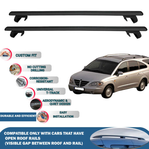 Roof Rack Cross Bars Compatible with Ssangyong Rodius 2004-2012, Fits Raised Roof Rails with Gap to Car Roof, Ideal Rail Carrier for Roof Tents, 2-Piece Black