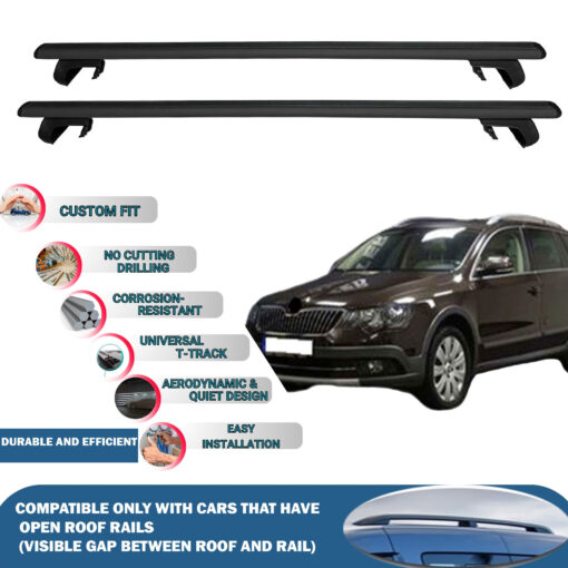 Roof Rack Cross Bars Compatible with Skoda Superb Alldrive 2012-2015, Fits Raised Roof Rails with Gap to Car Roof, Ideal Rail Carrier for Roof Tents, 2-Piece Black