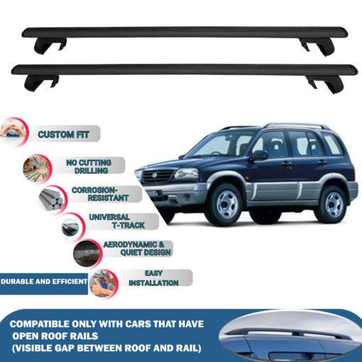 Roof Rack Cross Bars Compatible with Suzuki Vitara 5D 1998-2005, Fits Raised Roof Rails with Gap to Car Roof, Ideal Rail Carrier for Roof Tents, 2-Piece Black