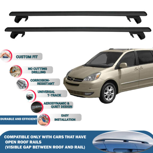 Roof Rack Cross Bars Compatible with Toyota Sienna Mpv Xl 2004-2010, Fits Raised Roof Rails with Gap to Car Roof, Ideal Rail Carrier for Roof Tents, 2-Piece Black