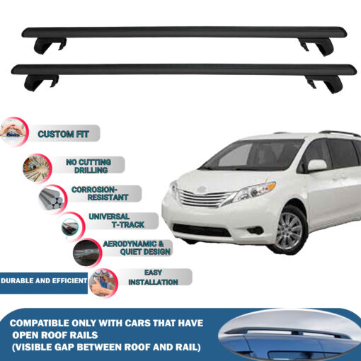 Roof Rack Cross Bars Compatible with Toyota Sienna Mpv Xl 2011-2020, Fits Raised Roof Rails with Gap to Car Roof, Ideal Rail Carrier for Roof Tents, 2-Piece Black