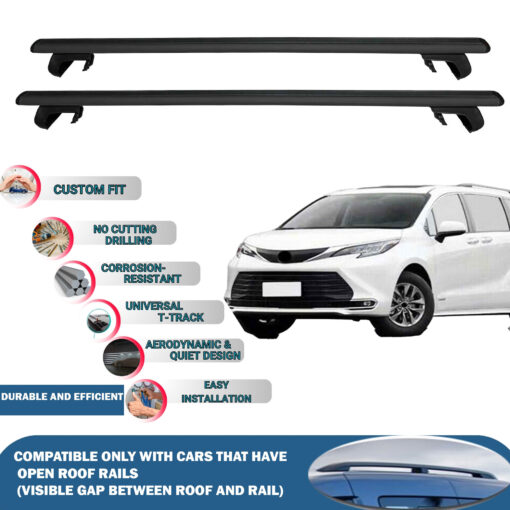 Roof Rack Cross Bars Compatible with Toyota Sienna Mpv Xl 2020-2023, Fits Raised Roof Rails with Gap to Car Roof, Ideal Rail Carrier for Roof Tents, 2-Piece Black