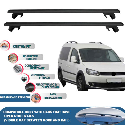 Roof Rack Cross Bars Compatible with Volkswagen Caddy 2003-2015, Fits Raised Roof Rails with Gap to Car Roof, Ideal Rail Carrier for Roof Tents, 2-Piece Black