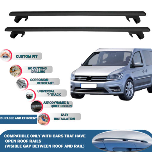 Roof Rack Cross Bars Compatible with Volkswagen Caddy 2015-2020, Fits Raised Roof Rails with Gap to Car Roof, Ideal Rail Carrier for Roof Tents, 2-Piece Black