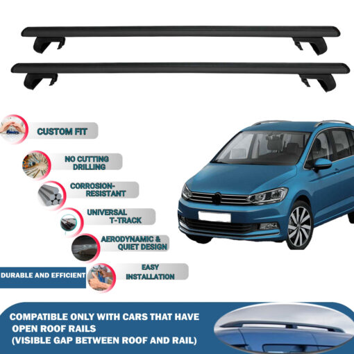 Roof Rack Cross Bars Compatible with Volkswagen Cross Touran 2006-2023, Fits Raised Roof Rails with Gap to Car Roof, Ideal Rail Carrier for Roof Tents, 2-Piece Black