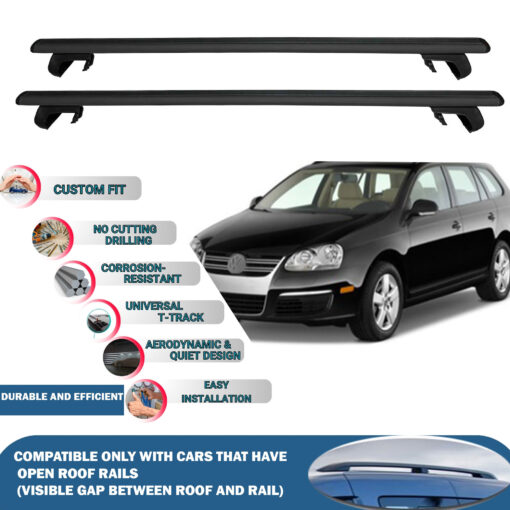 Roof Rack Cross Bars Compatible with Volkswagen Jetta Variant/S.wagen 2005-2010, Fits Raised Roof Rails with Gap to Car Roof, Ideal Rail Carrier for Roof Tents, 2-Piece Black