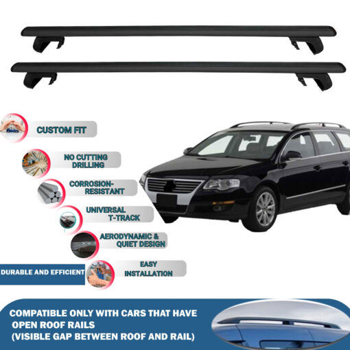 Roof Rack Cross Bars Compatible with Volkswagen Passat Variant B6 2005-2010, Fits Raised Roof Rails with Gap to Car Roof, Ideal Rail Carrier for Roof Tents, 2-Piece Black