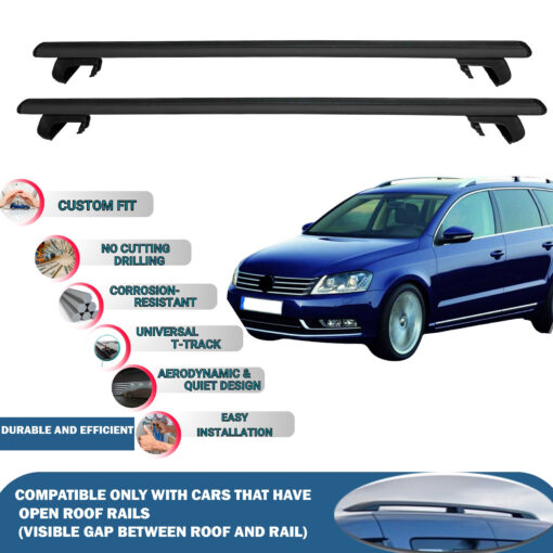 Roof Rack Cross Bars Compatible with Volkswagen Passat Variant B7 2010-2014, Fits Raised Roof Rails with Gap to Car Roof, Ideal Rail Carrier for Roof Tents, 2-Piece Black