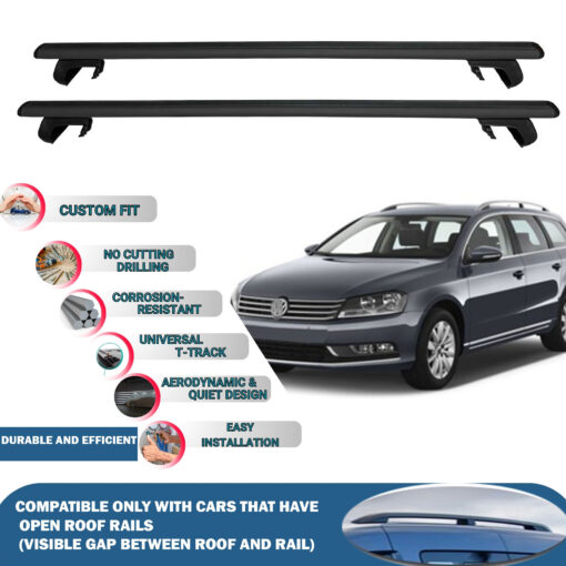 Roof Rack Cross Bars Compatible with Volkswagen Passat B7 Sw 2010-2015, Fits Raised Roof Rails with Gap to Car Roof, Ideal Rail Carrier for Roof Tents, 2-Piece Black