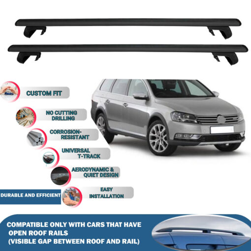 Roof Rack Cross Bars Compatible with Volkswagen Passat Alltrack B7 2012-2015, Fits Raised Roof Rails with Gap to Car Roof, Ideal Rail Carrier for Roof Tents, 2-Piece Black