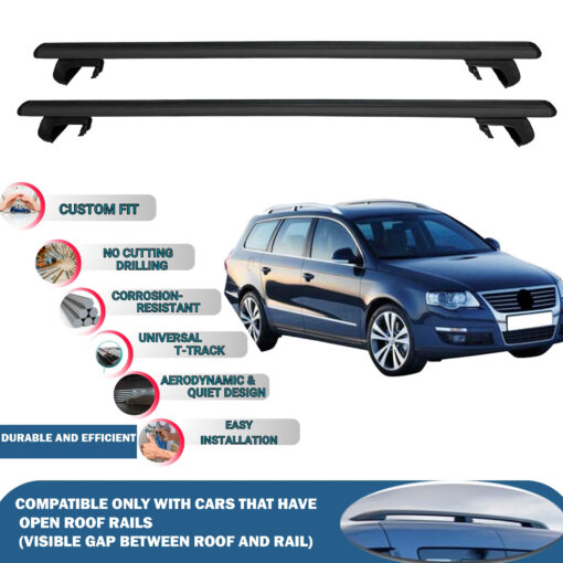 Roof Rack Cross Bars Compatible with Volkswagen Passat B6 Sw 2005-2010, Fits Raised Roof Rails with Gap to Car Roof, Ideal Rail Carrier for Roof Tents, 2-Piece Black