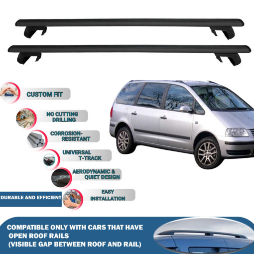 Roof Rack Cross Bars Compatible with Volkswagen Sharan 1995-2010, Fits Raised Roof Rails with Gap to Car Roof, Ideal Rail Carrier for Roof Tents, 2-Piece Black