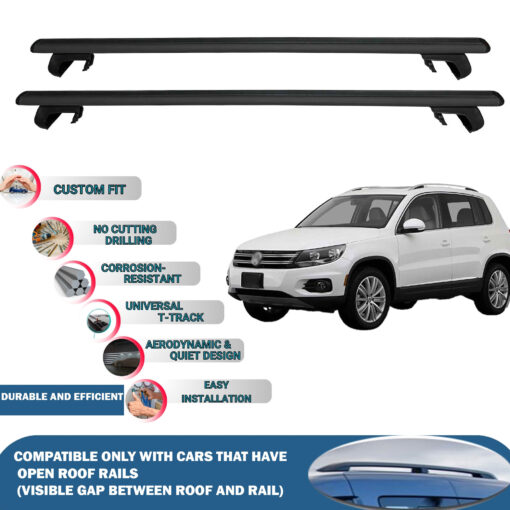 Roof Rack Cross Bars Compatible with Volkswagen Tiguan 5N 2007-2016, Fits Raised Roof Rails with Gap to Car Roof, Ideal Rail Carrier for Roof Tents, 2-Piece Black