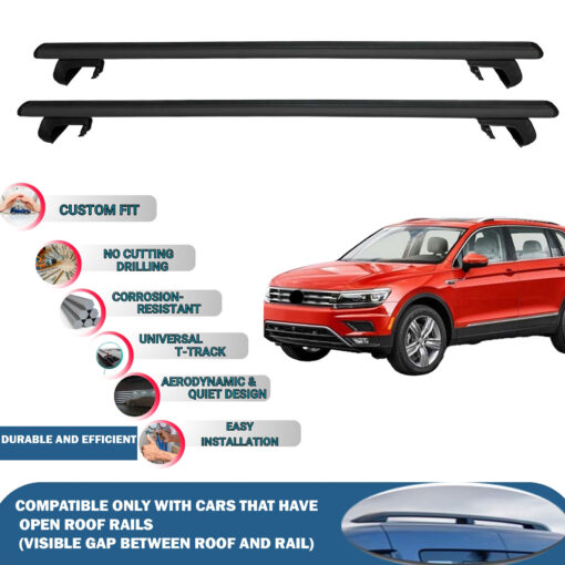 Roof Rack Cross Bars Compatible with Volkswagen Tiguan 2016-2023, Fits Raised Roof Rails with Gap to Car Roof, Ideal Rail Carrier for Roof Tents, 2-Piece Black