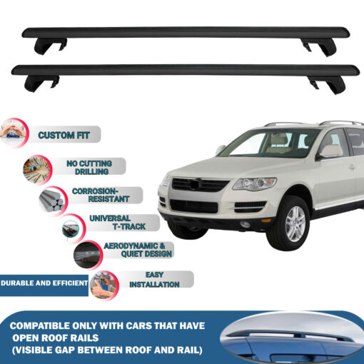 Roof Rack Cross Bars Compatible with Volkswagen Touareg 2003-2010, Fits Raised Roof Rails with Gap to Car Roof, Ideal Rail Carrier for Roof Tents, 2-Piece Black