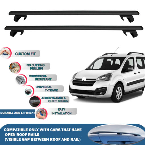 Roof Rack Cross Bars Compatible with Citroen Berlingo 2008-2018, Fits Raised Roof Rails with Gap to Car Roof, Ideal Rail Carrier for Roof Tents, 2-Piece Black