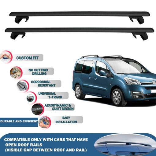 Roof Rack Cross Bars Compatible with Citroen Berlingo Multispace 5D 2008-2018, Fits Raised Roof Rails with Gap to Car Roof, Ideal Rail Carrier for Roof Tents, 2-Piece Black