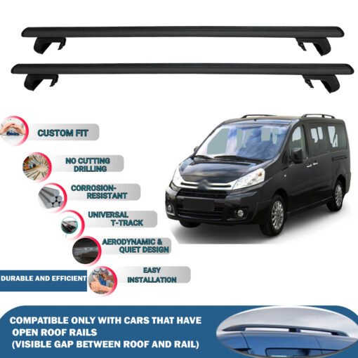 Roof Rack Cross Bars Compatible with Citroen Jumpy 2006-2016, Fits Raised Roof Rails with Gap to Car Roof, Ideal Rail Carrier for Roof Tents, 2-Piece Black