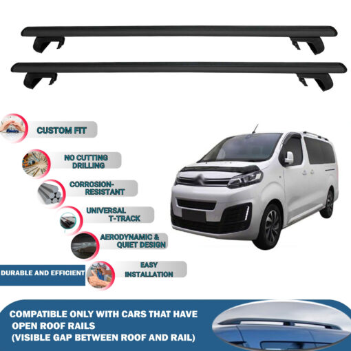 Roof Rack Cross Bars Compatible with Citroen Jumpy/Space Tourer 2017-2023, Fits Raised Roof Rails with Gap to Car Roof, Ideal Rail Carrier for Roof Tents, 2-Piece Black