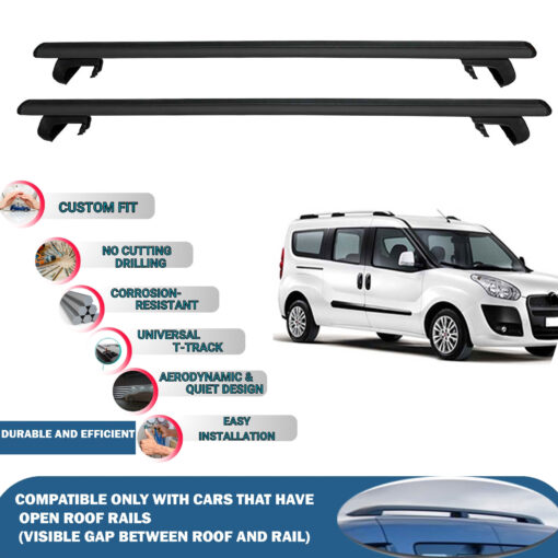 Roof Rack Cross Bars Compatible with Fiat Doblo 2010-2023, Fits Raised Roof Rails with Gap to Car Roof, Ideal Rail Carrier for Roof Tents, 2-Piece Black