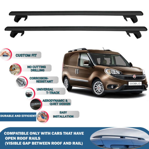 Roof Rack Cross Bars Compatible with Fiat Doblo Cargo 2010-2023, Fits Raised Roof Rails with Gap to Car Roof, Ideal Rail Carrier for Roof Tents, 2-Piece Black