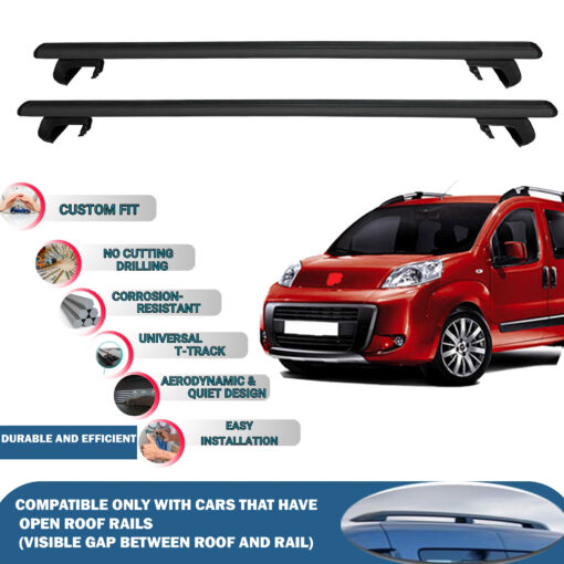 Roof Rack Cross Bars Compatible with Fiat Fiorino/Qubo 2007-2023, Fits Raised Roof Rails with Gap to Car Roof, Ideal Rail Carrier for Roof Tents, 2-Piece Black