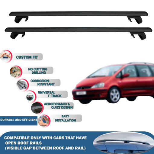 Roof Rack Cross Bars Compatible with Ford Galaxy 2001-2005, Fits Raised Roof Rails with Gap to Car Roof, Ideal Rail Carrier for Roof Tents, 2-Piece Black