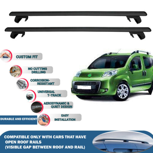 Roof Rack Cross Bars Compatible with Fiat Qubo 5D 2008-2023, Fits Raised Roof Rails with Gap to Car Roof, Ideal Rail Carrier for Roof Tents, 2-Piece Black