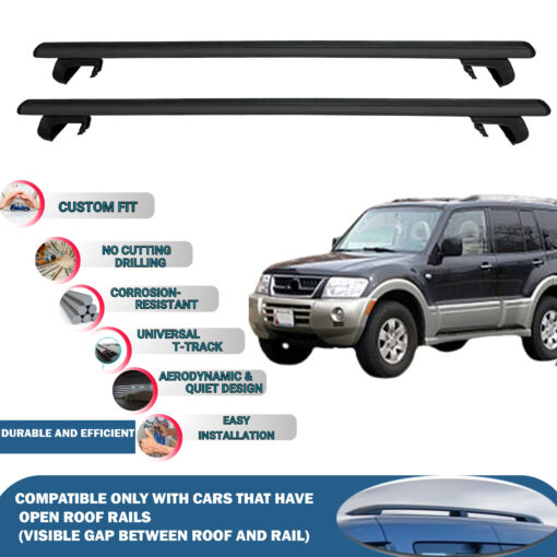 Roof Rack Cross Bars Compatible with Mitsubishi Shogun V60 5D 1999-2006, Fits Raised Roof Rails with Gap to Car Roof, Ideal Rail Carrier for Roof Tents, 2-Piece Black