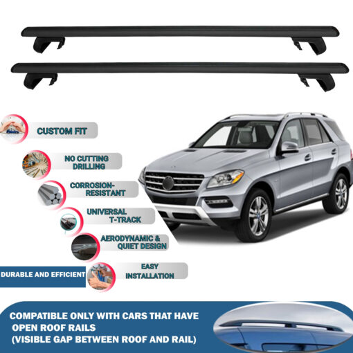 Roof Rack Cross Bars Compatible with Mercedes Benz M-Class W166 2011-2015, Fits Raised Roof Rails with Gap to Car Roof, Ideal Rail Carrier for Roof Tents, 2-Piece Black