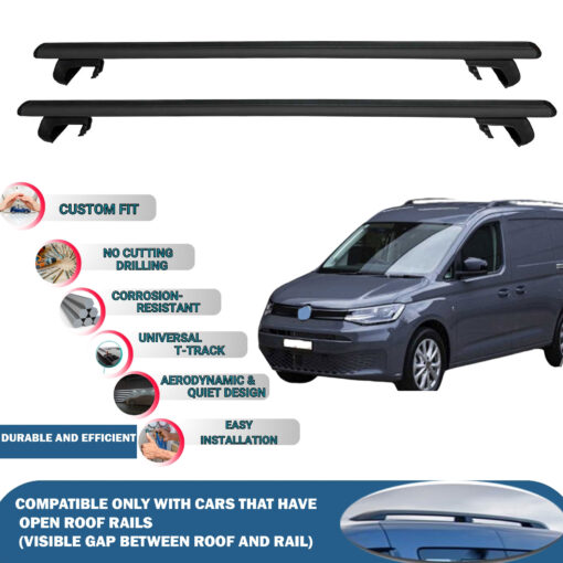 Roof Rack Cross Bars Compatible with Volkswagen Caddy Combi 2021-2023, Fits Raised Roof Rails with Gap to Car Roof, Ideal Rail Carrier for Roof Tents, 2-Piece Black