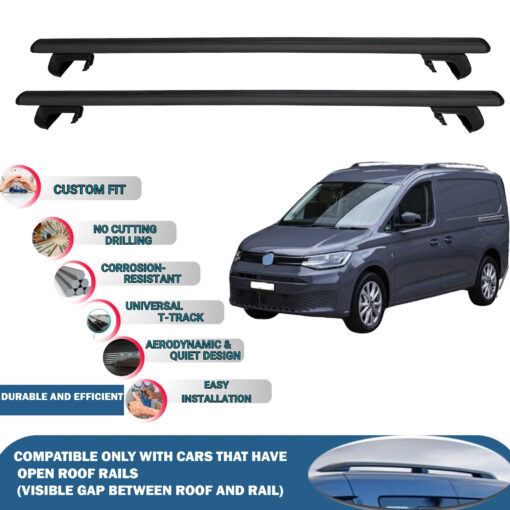 Roof Rack Cross Bars Compatible with Volkswagen Caddy Van 2021-2023, Fits Raised Roof Rails with Gap to Car Roof, Ideal Rail Carrier for Roof Tents, 2-Piece Black