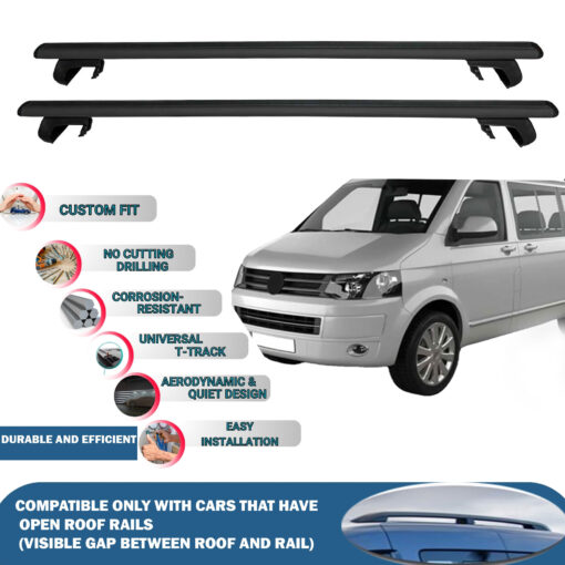 Roof Rack Cross Bars Compatible with Volkswagen T5 Caravelle 2003-2015, Fits Raised Roof Rails with Gap to Car Roof, Ideal Rail Carrier for Roof Tents, 2-Piece Black