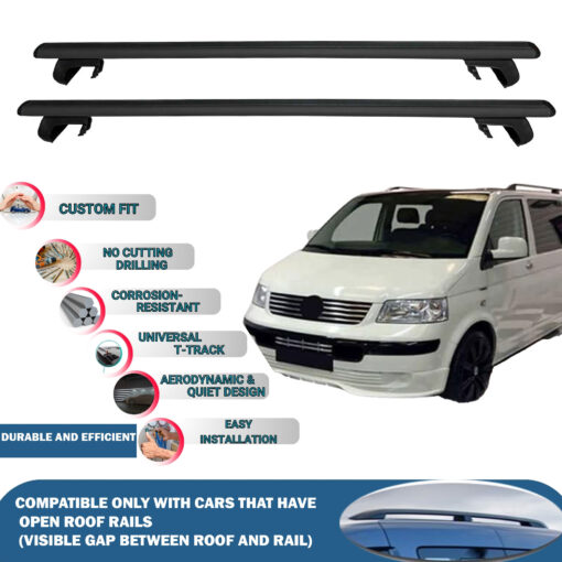 Roof Rack Cross Bars Compatible with Volkswagen T5 Multivan 2003-2015, Fits Raised Roof Rails with Gap to Car Roof, Ideal Rail Carrier for Roof Tents, 2-Piece Black