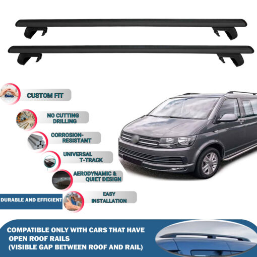 Roof Rack Cross Bars Compatible with Volkswagen T5 Transporter 2003-2015, Fits Raised Roof Rails with Gap to Car Roof, Ideal Rail Carrier for Roof Tents, 2-Piece Black