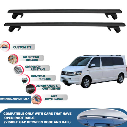 Roof Rack Cross Bars Compatible with Volkswagen T6 Caravelle 2015-2024, Fits Raised Roof Rails with Gap to Car Roof, Ideal Rail Carrier for Roof Tents, 2-Piece Black