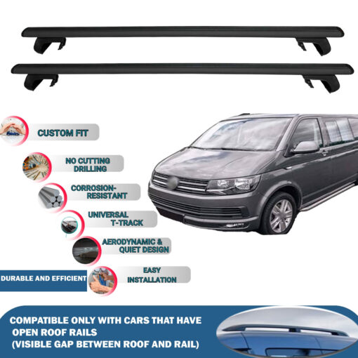 Roof Rack Cross Bars Compatible with Volkswagen T6 Multivan 2015-2023, Fits Raised Roof Rails with Gap to Car Roof, Ideal Rail Carrier for Roof Tents, 2-Piece Black