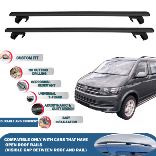 Roof Rack Cross Bars Compatible with Volkswagen T6 Transporter 2015-2023, Fits Raised Roof Rails with Gap to Car Roof, Ideal Rail Carrier for Roof Tents, 2-Piece Black