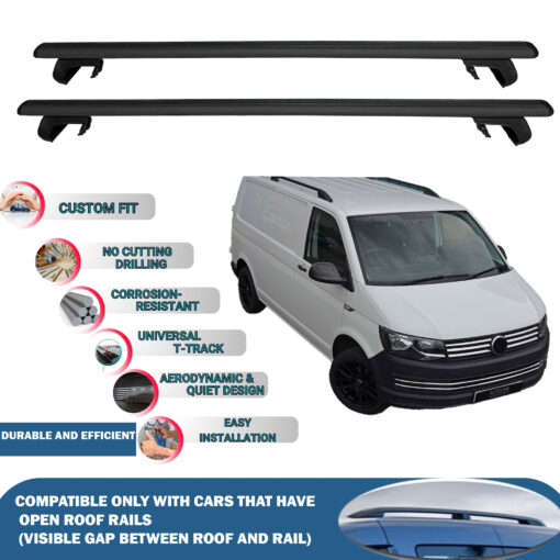 Roof Rack Cross Bars Compatible with Volkswagen T6 Transporter Van 2015-2023, Fits Raised Roof Rails with Gap to Car Roof, Ideal Rail Carrier for Roof Tents, 2-Piece Black