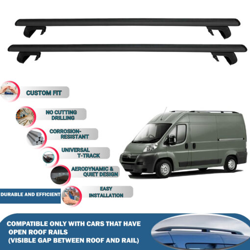 Roof Rack Cross Bars Compatible with Citroen Jumper 2006-2024, Fits Raised Roof Rails with Gap to Car Roof, Ideal Rail Carrier for Roof Tents, 2-Piece Black