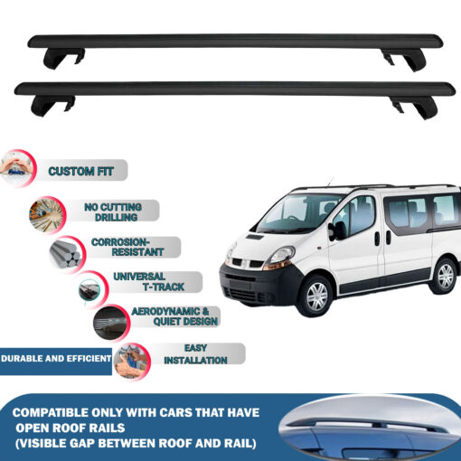 Roof Rack Cross Bars Compatible with Renault Trafic 2001-2014, Fits Raised Roof Rails with Gap to Car Roof, Ideal Rail Carrier for Roof Tents, 2-Piece Black